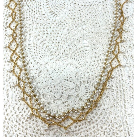 Vintage-Inspired Multi-Strand Gold & Pearl Necklace 38" Total Length - Picture 2 of 12